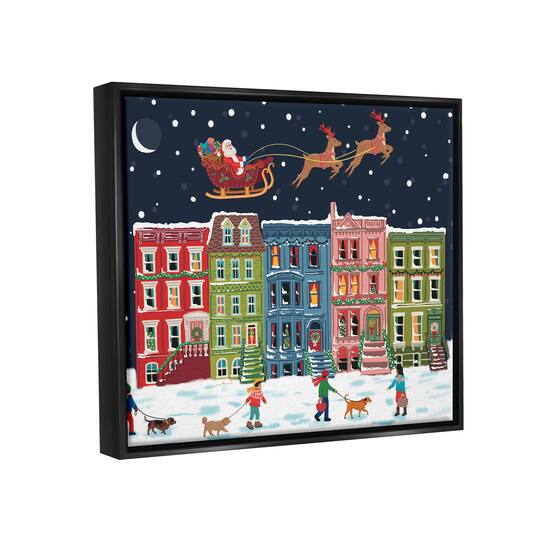 Stupell Industries Snowy Christmas Town Santa Overhead Framed Floater Canvas Wall Art